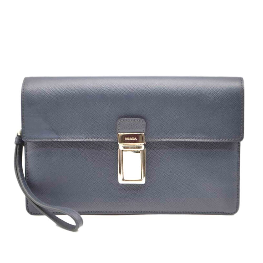 Prada Saffiano Leather Shoulder Bag Blue Gray